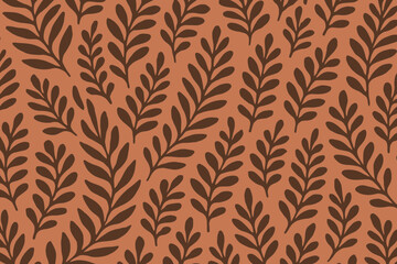 Seamless organic botanical pattern with stylized brown leaves on warm terracotta background repeat tile for fabric textile wallpaper packaging design graphic resource vector art