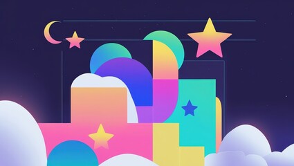 Abstract geometric shapes with stars, crescent moon, and clouds on a dark gradient background