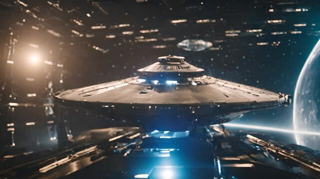 UFO, alien spaceship with extraterrestrial visitors, flying in orbit of planet Earth