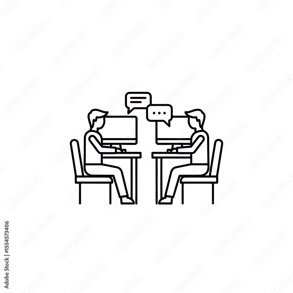 Poster minimalist vector line art illustration depicting two people using computers for online communicatio