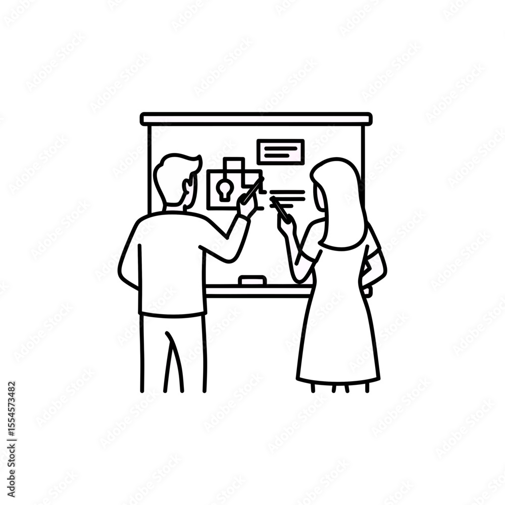 Poster outline illustration of two colleagues collaboratively discussing business concepts and outlining st