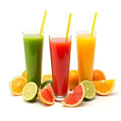 Fototapeta premium Refreshing trio of vibrant fruit juices a healthy burst of sunshine for a bright summer day in clean