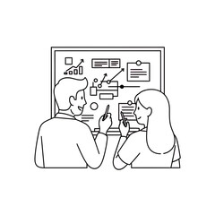 Business professionals analyzing financial data and growth charts on a whiteboard illustration, discussing strategy during a corporate meeting or presentation session