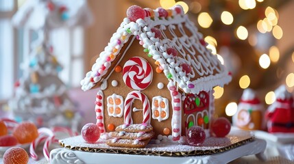 A festive gingerbread house decorated with candy canes and gumdrops on a white decorative stand