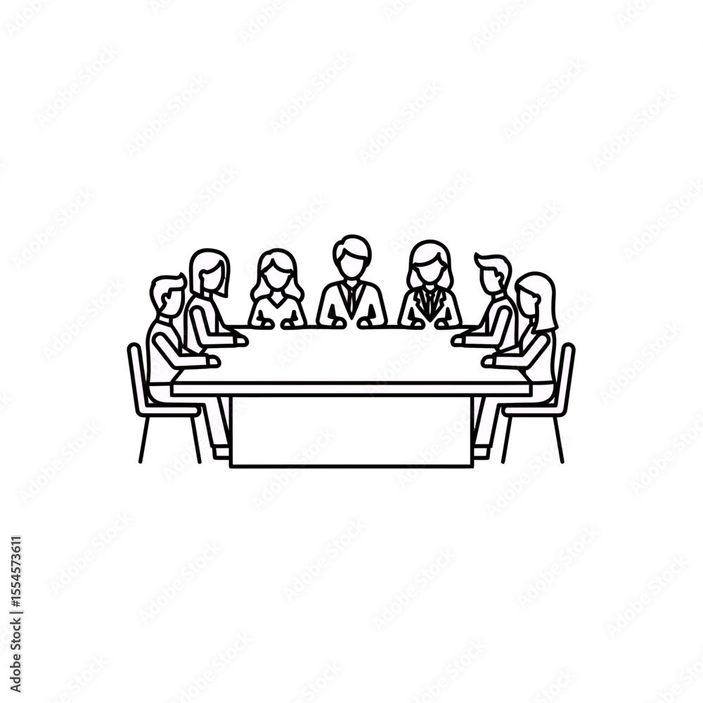 Poster minimalist outline vector illustration of a diverse team collaborating at a conference table symboli