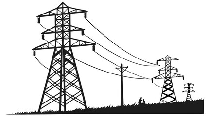Vector art of power lines and towers stretching across a grassy field isolated on white background