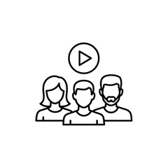 Professional minimalist vector line icon showing diverse group watching online video content stream digital media conference presentation teamwork learning or entertainment
