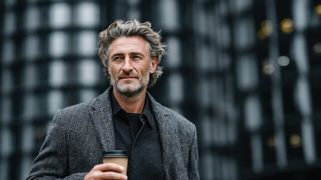 Confident man holding coffee in urban setting during daylight
