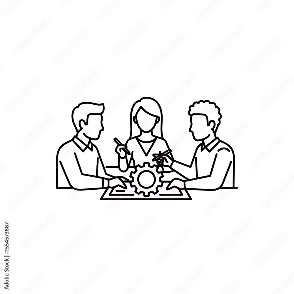 Poster minimalist line art vector icon illustrating a business team collaborating around a table working on