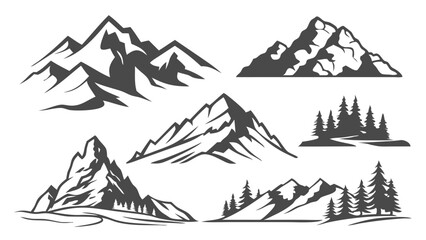 Vector art of mountain peaks and pine trees isolated on white background create a scenic outdoor landscape