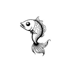 Detailed black and white illustration featuring a single fish with intricate scales and flowing fins style