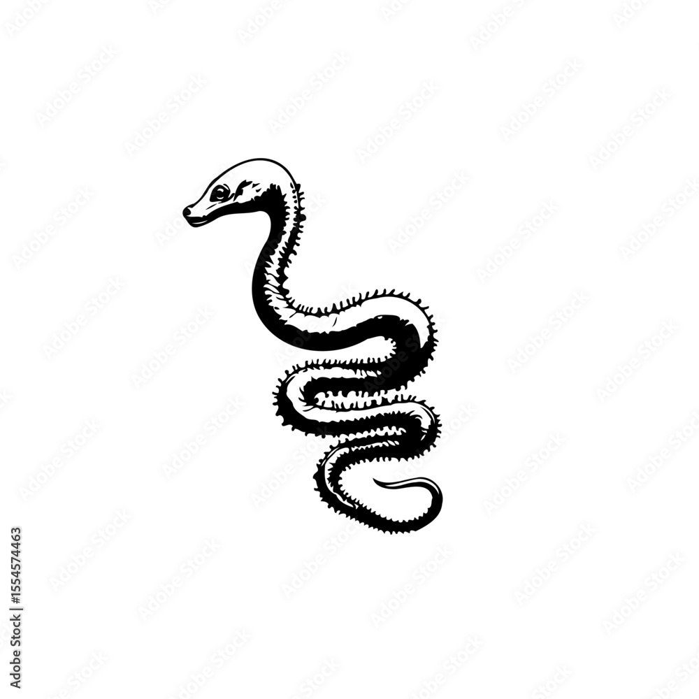Poster elegant monochromatic drawing showcasing a stylized snake in a coiled position with textured skin an