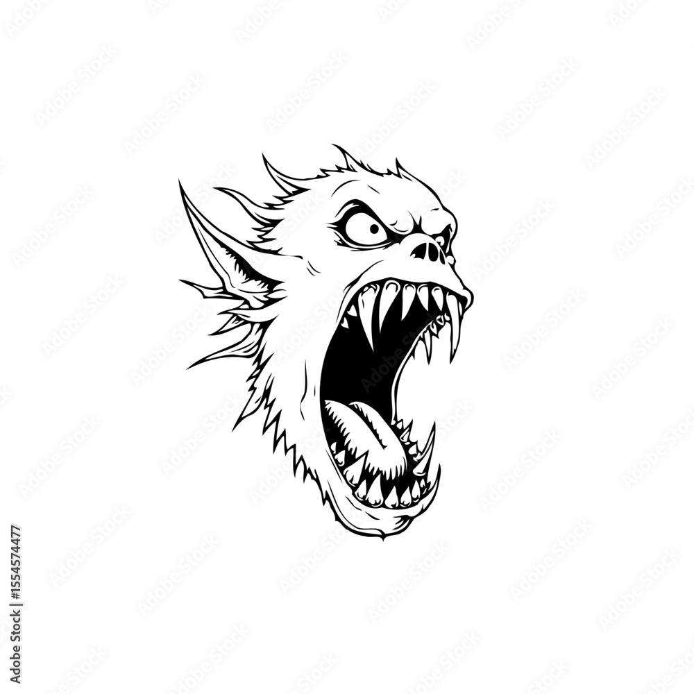Aufkleber a menacing monster head with sharp teeth and an open mouth creating a chilling and frightening effec