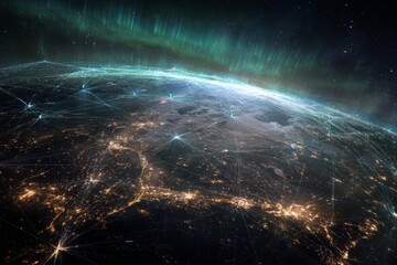 Satellite Network Above Earth, breathtaking view from low Earth orbit, showing a massive network of high-tech satellites in a glowing web around the planet,  illuminated cities