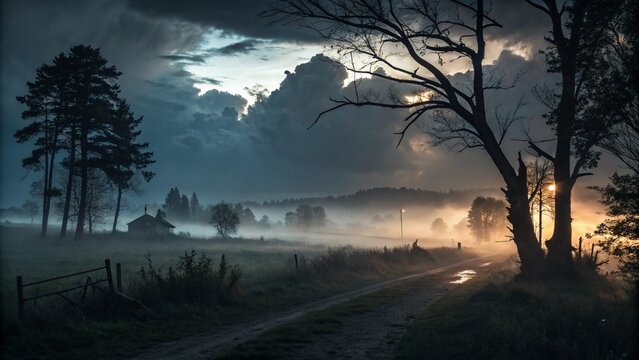 Mysterious foggy rural landscape with a dirt road and a lone cabin at dawn