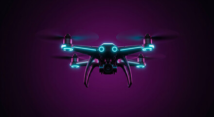 Futuristic drone with vibrant glowing blue lights hovers against a deep purple background, showcasing advanced aerial technology.