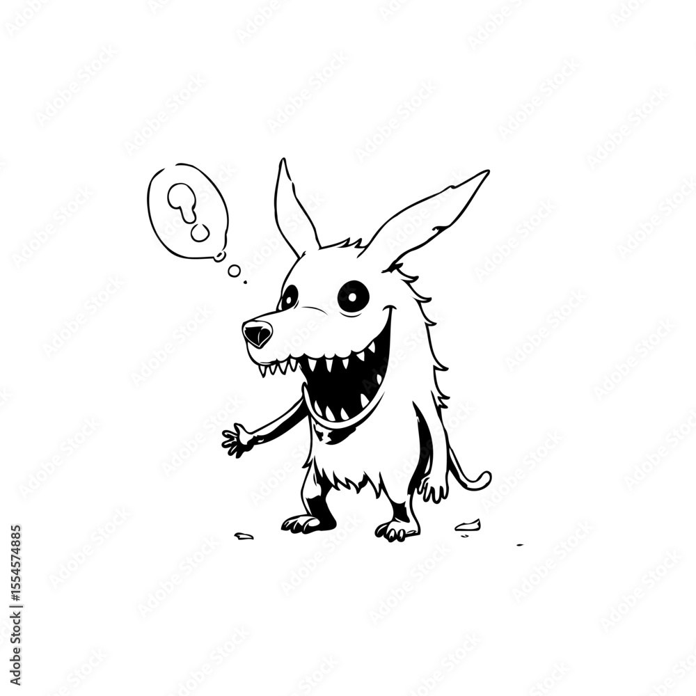 Poster cartoonish depiction of a canine-like creature with sharp teeth and a question mark symbolizing conf
