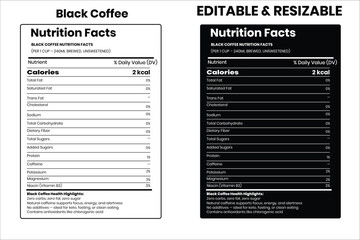 Black Coffee nutrition facts, nutrition facts, food label, calorie chart, protein infographic, healthy eating, vitamin chart, editable template, diet plan, meal prep nutrition, food packaging label