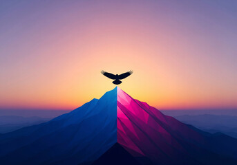 Fototapeta premium Majestic Polygonal Mountain Split into Blue and Pink with a Silhouetted Eagle at Sunrise or Sunset, Symbolizing Achievement and Freedom