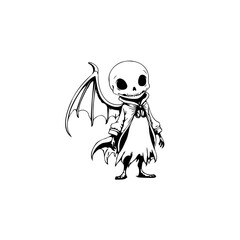 Cute skeleton with bat wings in black and white creates an eerie atmosphere for halloween illustration