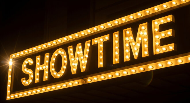 Illuminated showtime sign with marquee lighting displays a theater or event concept with retro style.