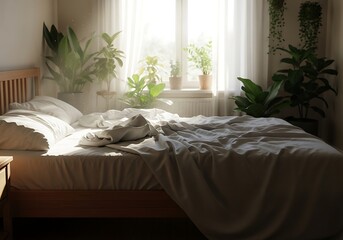 A comfortable bed with luxurious bedding and a lamp in a stylish bedroom with a window, perfect for a relaxing sleep in a hotel or home interior design