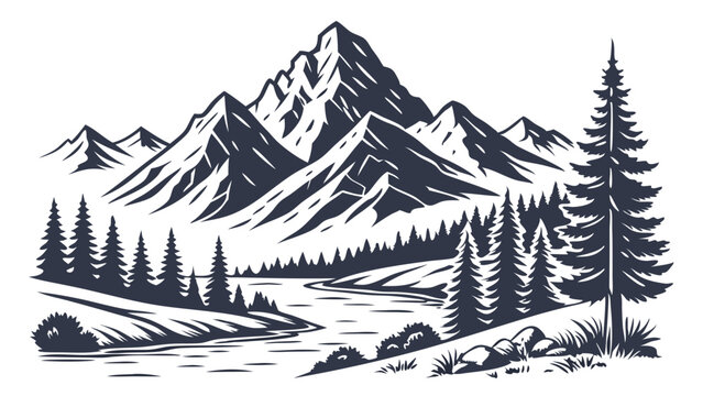 Vector art of mountain range and pine forest create a scenic landscape with a river isolated on white background