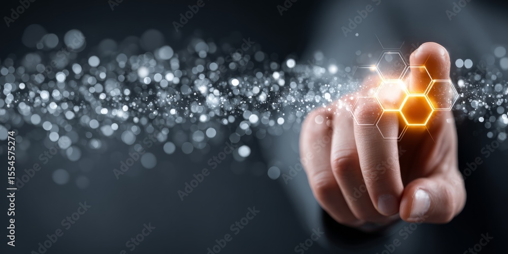 Poster hand touching glowing hexagonal interface with digital particles, representing futuristic technology