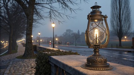Naklejka premium Old fashioned lantern illuminates a foggy street at dusk with cobblestone path