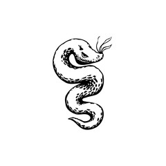Vintage style illustration of a coiled snake with a sinister expression isolated on white background