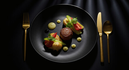 Gourmet Restaurant Dish Elegant Black Plate with Pan Seared Scallops Vegetables and Gold Cutlery