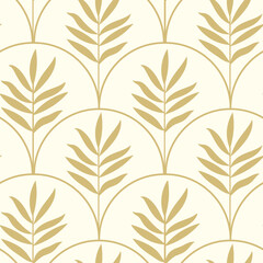 Art deco golden palm leaves on scallop arches seamless pattern. For wallpaper, home décor and textile