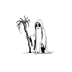 Obraz premium Spooky ghost with branch standing alone in grayscale cartoon illustration for halloween spirit and mood