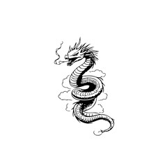 Majestic chinese dragon gracefully soars amidst ethereal clouds rendered in a stylized black and white design
