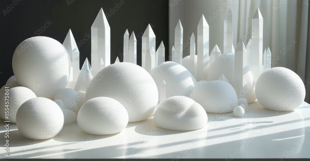 Aufkleber white spheres, crystals create abstract landscape. soft light, shadows define shapes, minimalist com