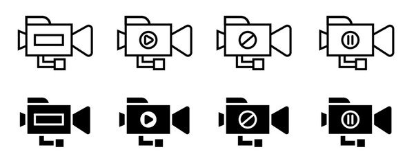 Video camera icons vector in outline and solid styles featuring recording, playback, pause, and stop controls ideal for multimedia applications, web design, and user interfaces.