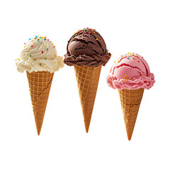  Vanilla, Chocolate,  Strawberry Ice Cream Cone With Sprinkles  Floating In The Air, Generative AI