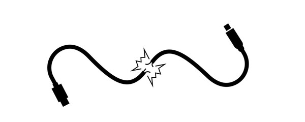 Broken electric cable vector illustration symbolizing power failure, connection issues, or damaged wiring ideal for repair services, maintenance warnings, and technical diagrams