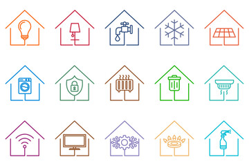 Colorful outline house utility icon set for smart home management, including symbols for electricity, plumbing, heating, security systems, and other residential services