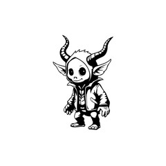 Enigmatic cartoon monster with horns and jacket standing in a minimalist black and white style art