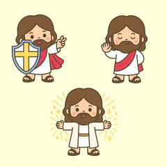 Cartoon Jesus with Shield, Peace Sign, and Radiant Pose