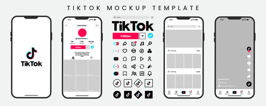 TikTok mobile app interface mockup template with blank screens, profile page, icons, and common UI elements for social media design, and user interface presentations.