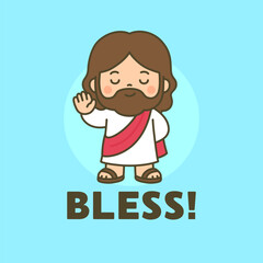Jesus Smiling with Raised Hand and Bless Text on Blue Circle Background