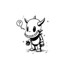 Curious cartoon monster with horns and a mischievous grin wondering, presented in black and white
