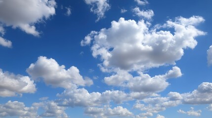 Fototapeta premium Fluffy cumulus clouds drift across a bright azure sky, showcasing the beauty of nature and the airy atmosphere above.