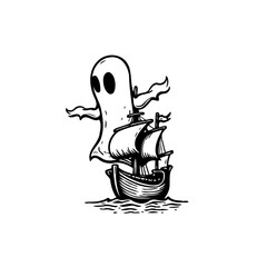 Ghostly voyage: A whimsical illustration of a ghost sailing a ship on imaginary seas adventures spooky