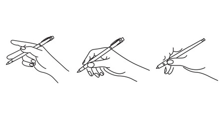Line art illustration of hands holding pens in writing positions