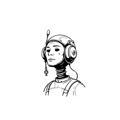 Futuristic humanoid robot with helmet and headset illustration concept of artificial intelligence and robotics technology design isolated on white background