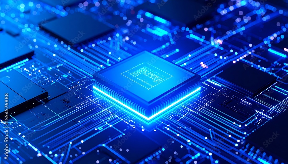 Aufkleber glowing blue cpu processor on circuit board with futuristic technology concept.