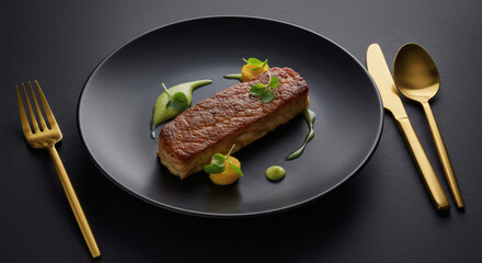 Gourmet Pan Seared Salmon Fillet with Mango Puree Exquisite Gastronomic Dish